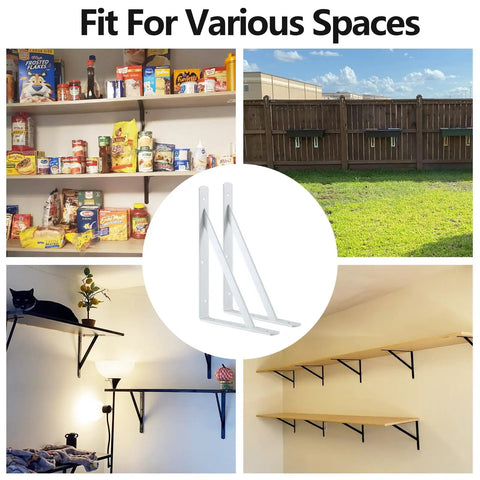 Badass Heavy Duty Metal Shelf Brackets 12 X 8 Inch White L Brackets shown in various mounting scenarios for organization.