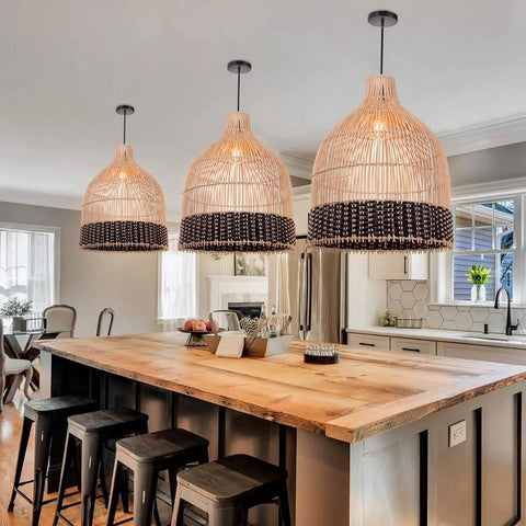 Kitchen with three Rattan Pendant Light One Light Handwoven Boho Chandelier With Coastal Wicker Vibe Hanging Ceiling Fixture above island