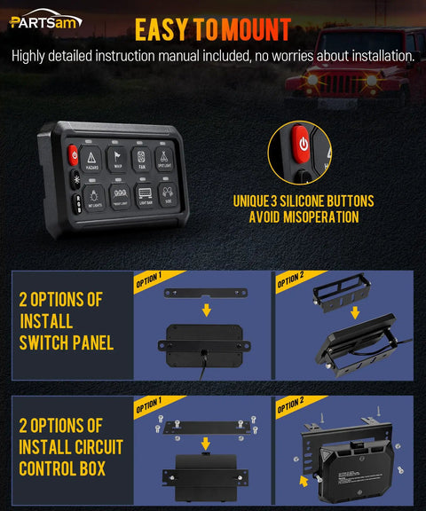 Five Point Five Inch RGB Eight Gang Switch Panel with Pro Grade 3 Silicone Buttons and Memory Function installation options