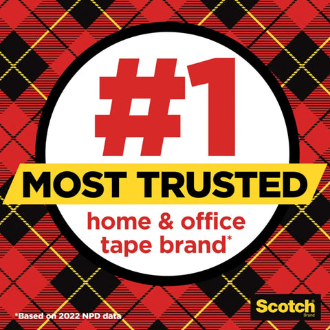 #1 most trusted home and office tape brand logo with red and black plaid background and Scotch brand logo.