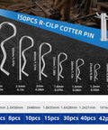 150 stainless steel R clip cotter pins in assorted sizes and quantities, part of Stainless Steel Cotter Pin Kit With 295 Pieces Including 13 Sizes Of R Clip Pins Pro Grade Spring Fasteners Straight And Hitch Pins For Trailers Mowers Trucks And DIY Projects