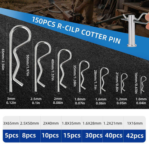150 stainless steel R clip cotter pins in assorted sizes and quantities, part of Stainless Steel Cotter Pin Kit With 295 Pieces Including 13 Sizes Of R Clip Pins Pro Grade Spring Fasteners Straight And Hitch Pins For Trailers Mowers Trucks And DIY Projects