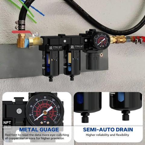 Air Drying System With Double Brass Filter And Regulator Three Eighth Inch NPT Pro Grade Compressed Air Regulator Combo installed on wall