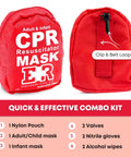 Red CPR mask combo kit with 2 adult/infant masks in nylon pouch; front view shows CPR MASK label, back view shows clip and belt loop.