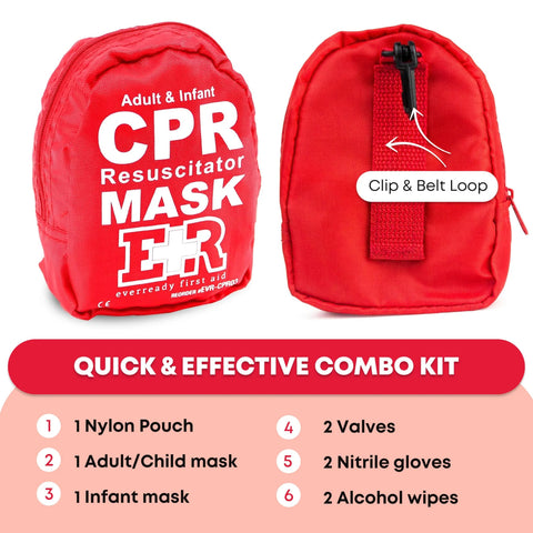 Red CPR mask combo kit with 2 adult/infant masks in nylon pouch; front view shows CPR MASK label, back view shows clip and belt loop.