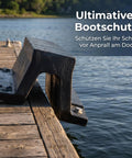 Beefed-Up Rubber Dock Protector With Arch Bolt-Down Mount For Permanent Dock Protection on a wooden pier.