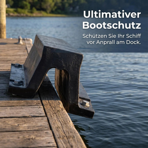 Beefed-Up Rubber Dock Protector With Arch Bolt-Down Mount For Permanent Dock Protection on a wooden pier.