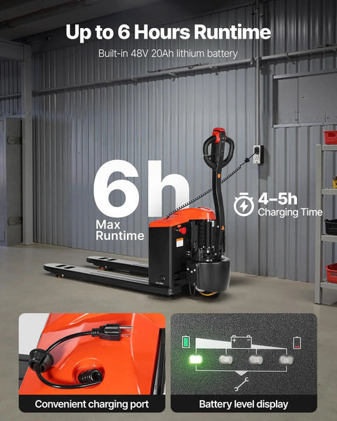 VEVOR Electric Pallet Jack Truck, 4400 Lbs Heavy Duty Capacity, 27x48 In Steel Forks, displays charging port and battery level.