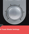 Close-up of the dial for six browning settings on a Two Slice Toaster With Extra Wide Slots For Bagels And Thick Bread, Black.