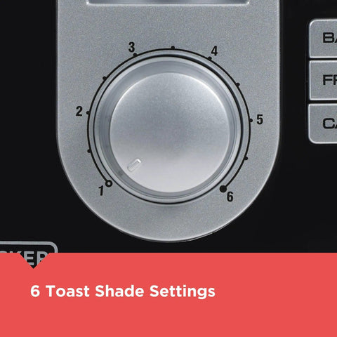 Close-up of the dial for six browning settings on a Two Slice Toaster With Extra Wide Slots For Bagels And Thick Bread, Black.