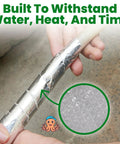Person applying Heavy Duty Aluminum Butyl Tape 2 Inch Wide Waterproof Seal For Roofs Gutters Pipes RVs And Outdoor Patching That Stops Leaks Fast With Airtight Long Lasting Bond to pipe.