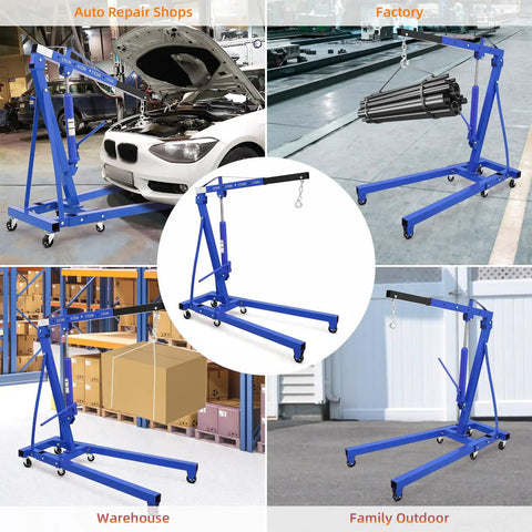 2 Ton Hydraulic Engine Hoist Cherry Picker 4000 Lbs Load Capacity Blue Heavy Duty Rolling Boom Crane With Leveler in factory setting.