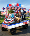 Golf cart with USA-themed All American Patriotic Parade Decor Kit, 46 pieces for 4th of July celebrations, red, white, blue