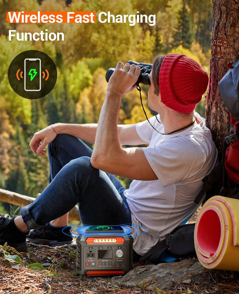 Man using Portable Power Station 299Wh 7 Pound Lightweight Camping Solar Generator with pure sine wave for CPAP in nature