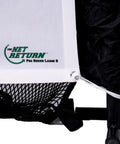 Corner detail of Pro Series 9 Flex Golf Simulator Screen For Home Practice, showcasing attachment and net return logo.