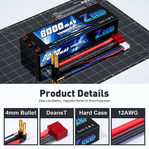 2S 8000mAh LiPo Battery 7.4V 100C Hard Case With 4mm Bullet T Plug for RC Car