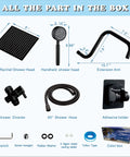 All Metal Shower Head With Handheld In Matte Black Extension Arm Boss Level Rainfall System With 6 Inch Rain Head 60 Inch Hose Single Setting Handheld 3 Way Diverter Water Flow Regulator Bracket Tape Gasket Included