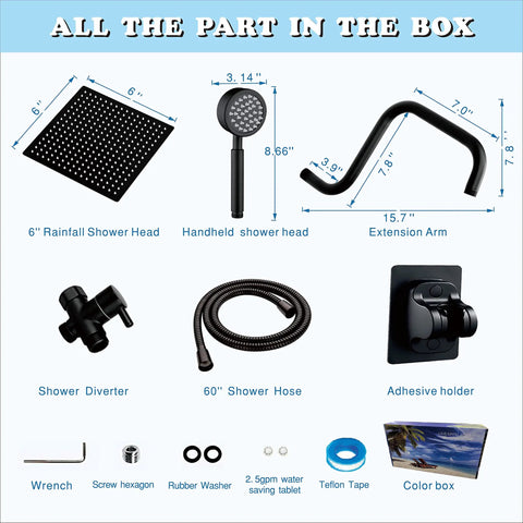 All Metal Shower Head With Handheld In Matte Black Extension Arm Boss Level Rainfall System With 6 Inch Rain Head 60 Inch Hose Single Setting Handheld 3 Way Diverter Water Flow Regulator Bracket Tape Gasket Included