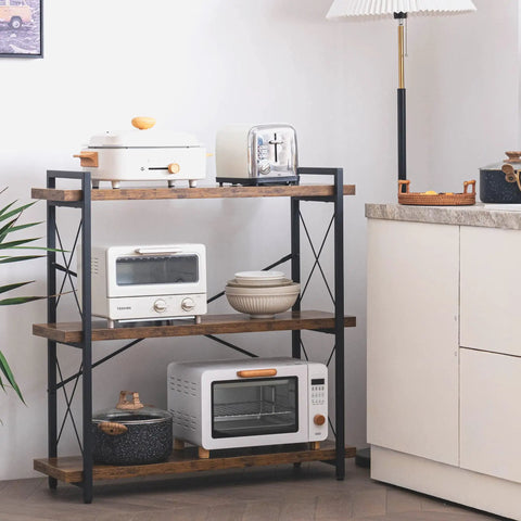 Heavy Duty Top Tier Industrial Bookshelf Featuring Solid Wood Planks And Sleek Matte Black Steel Frame For Living Room Decor with kitchen appliances.