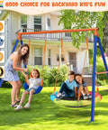Backyard Swing Set With Stand For Kids, Heavy Duty 440 Lb Metal A Frame Outdoor Playset, 32 Inch Saucer Swing in garden