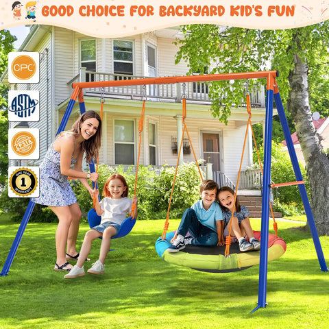 Backyard Swing Set With Stand For Kids, Heavy Duty 440 Lb Metal A Frame Outdoor Playset, 32 Inch Saucer Swing in garden