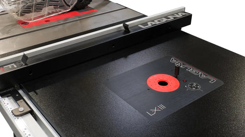 Pro Grade Aluminum Tabletop Router Lift on Laguna workbench with smooth surface and 9 1/4 x 11 3/4 inch router plate.