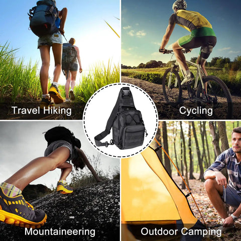 Rugged Waterproof Tactical Backpack With MOLLE Sling Cross Body Chest Bag For Outdoor Use And Everyday Carry, hiking, cycling collage