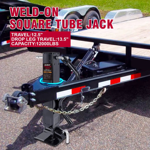 Heavy Duty 12000 Lbs Trailer Jack With WeldOn Square Tube Sidewind Crank on equipment hauler, black design