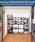 Extra Large Eight Tier Four Row Shoe Rack Holds 72 To 76 Pairs Beefy Heavy Duty Metal Boot Storage Organizer For Garage Entryway And Closet Sturdy Tall Shoe Shelf in a closet filled with shoes.