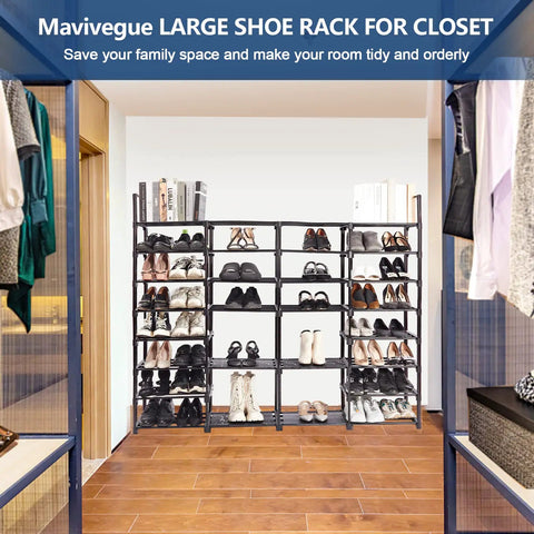Extra Large Eight Tier Four Row Shoe Rack Holds 72 To 76 Pairs Beefy Heavy Duty Metal Boot Storage Organizer For Garage Entryway And Closet Sturdy Tall Shoe Shelf in a closet filled with shoes.