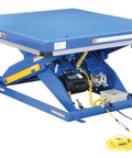 Rugged Electric Hydraulic Lift Table 48 X 48 Inch Steel Platform 5000 Lb Capacity with yellow controls and motor detail.