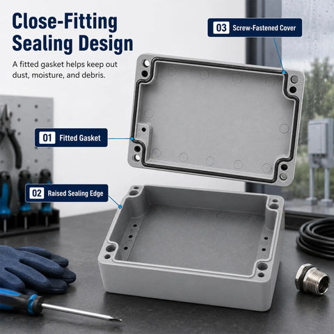 Close-up of Rock Solid IP67 Aluminum Junction Box Panel Ready Mounting Enclosure showing fitted gasket and screw-fastened cover.