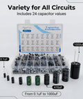 500Pcs Capacitor Kit With 24 Value Aluminum Electrolytic Caps 0.1uF To 1000uF 10V To 50V Includes Labeled Transparent Storage Box
