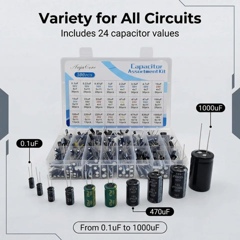 500Pcs Capacitor Kit With 24 Value Aluminum Electrolytic Caps 0.1uF To 1000uF 10V To 50V Includes Labeled Transparent Storage Box
