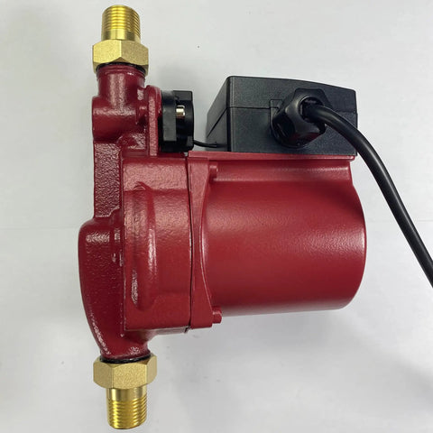 Recirculating Hot Water Booster Pump 150W 110V Cast Iron Workhorse side view with adapters, 35 Ft Head, 7 GPM, for homes and solar heaters