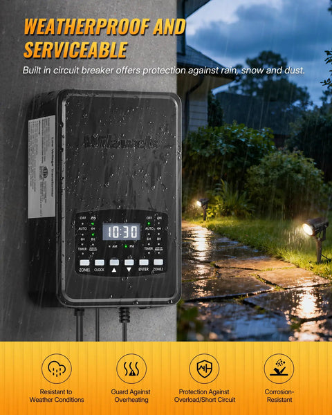 12 Pack Landscape Lights Kit With 300W Dual Zone Low Voltage Transformer in rainy garden setting