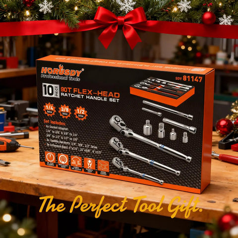 Box of 10 Piece Flex Head Ratchet Set With 1/4, 3/8, And 1/2 Inch Drives, 90 Tooth Quick Release, Reversible Low Profile on a table.