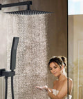 Woman enjoying Matte Black Shower System With 10 Inch Rain Shower Head And High Pressure Faucet Set All Metal Brass Handheld