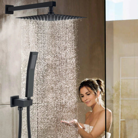Woman enjoying Matte Black Shower System With 10 Inch Rain Shower Head And High Pressure Faucet Set All Metal Brass Handheld