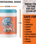 Heavy Duty Cleaning Wipes For Every Surface And Hands, 90 Count, shown in professional grade container with dimensions