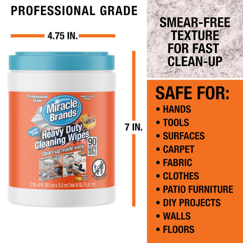 Heavy Duty Cleaning Wipes For Every Surface And Hands, 90 Count, shown in professional grade container with dimensions