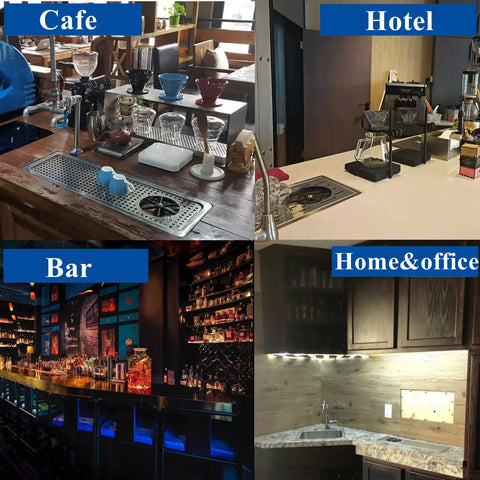 Glass Rinser For Espresso Bar Matte Black Stainless Steel Sink Rinse Station setup in cafe, hotel, bar, and home office environments.