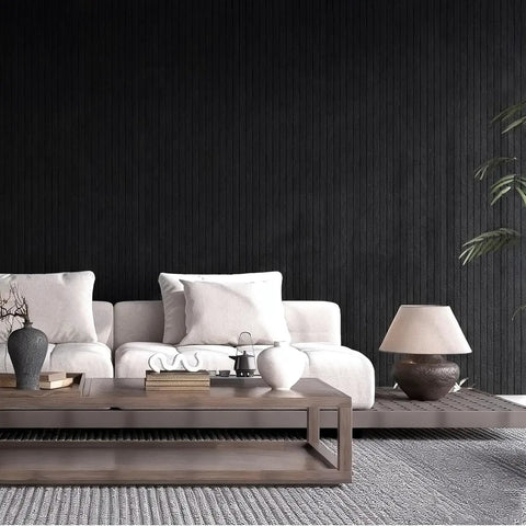 Hassle Free Peel And Stick Acoustic Wall Panels 10 Pack Sound Dampening Foam Tiles Noise Killing Room Decor Black 48X24 Inch displayed in a living room.