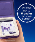 Fertility Monitor With Touch Screen For Ovulation Tracking And Fertile Day Detection Tracks Estrogen And LH Surges Helps Boost Your Baby Odds With Near One Hundred Percent Accuracy Test Sticks Sold Separately, purple monitor showing 6 cycles