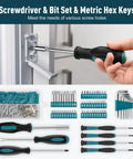 281 Piece All In One Home Tool Kit Portable Complete Basic Repair Set For DIYers And Pros Includes Socket Wrench Set Screwdriver Set Metric Hex Keys Pliers And Durable Tool Box Case showing screwdriver and hex keys.