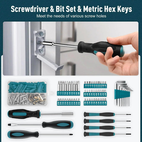 281 Piece All In One Home Tool Kit Portable Complete Basic Repair Set For DIYers And Pros Includes Socket Wrench Set Screwdriver Set Metric Hex Keys Pliers And Durable Tool Box Case showing screwdriver and hex keys.
