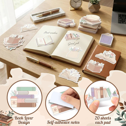 60 Pcs Book Lover Sticky Notes Set With 10 Cute Designs For Book Club Folks And Reading Fans, 20 Sheets Per Pad displayed on desk