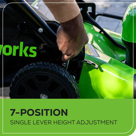 Adjusting height on 40V 20 Inch Brushless Cordless Lawn Mower with 4Ah Battery and Charger, close-up of single lever adjustment mechanism.