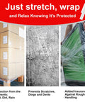 Heavy Duty Clear Stretch Wrap Film With Built In Handle, Smooth Roll Polyethylene Pallet Wrap, 4.7 X 492 Feet used for protecting boxes and furniture.