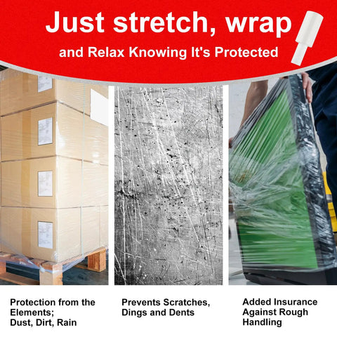 Heavy Duty Clear Stretch Wrap Film With Built In Handle, Smooth Roll Polyethylene Pallet Wrap, 4.7 X 492 Feet used for protecting boxes and furniture.